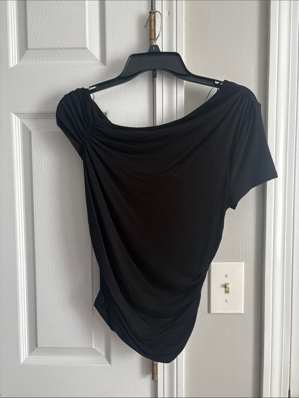 Lush Black Asymmetric Short Sleeve Draped Top
